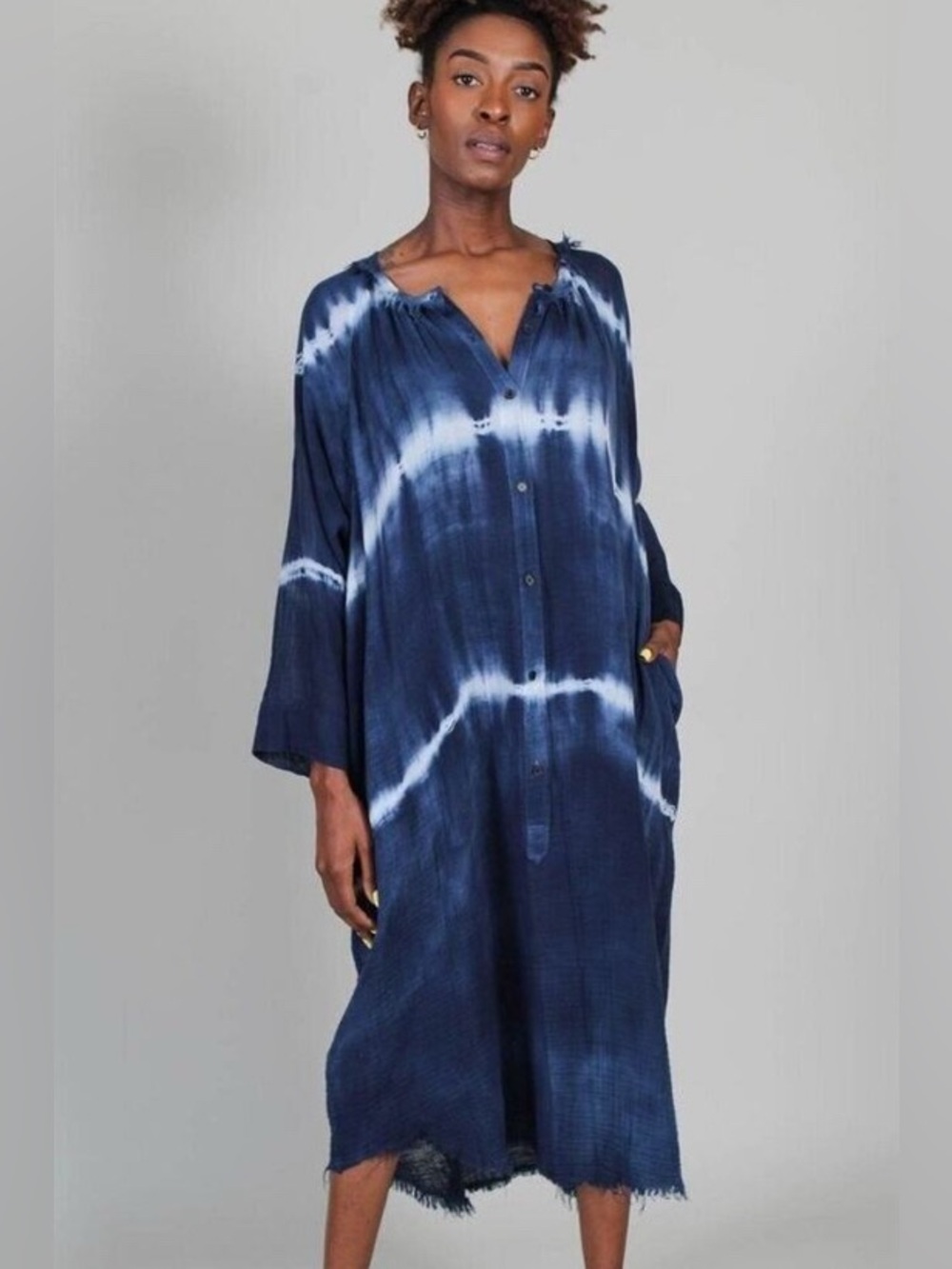 Raquel Allegra Gauze Poet Dress Blue Indigo Poet Midi Dress